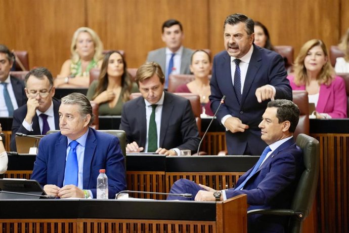 El portavoz del Grupo Popular, Toni Martín, este jueves en el Pleno del Parlamento durante su pregunta al presidente de la Junta, Juanma Moreno.