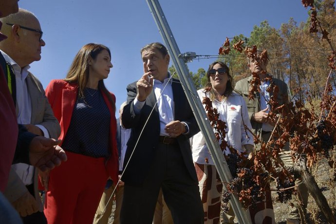 El ministro de Agricultura, Pesca y Alimentación, Luis Planas (c), visita explotaciones de las zonas afectadas por los grandes incendios de este verano, en A Rúa, Ourense, Galicia.