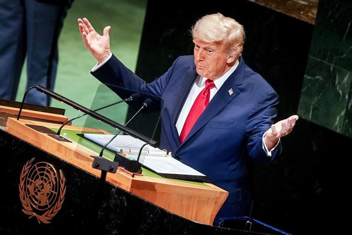 23 September 2025, US, New York: US President Donald Trump speaks, at the General Debate of the UN General Assembly. Over 140 heads of state and government are expected to attend the world's largest diplomatic event over several days. Photo: Kay Nietfeld/