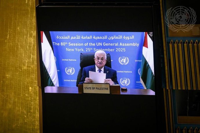 El presidente de la Autoridad Palestina, Mahmud Abbas, participa por videoconferencia en la 80º Asamblea General de la ONU.