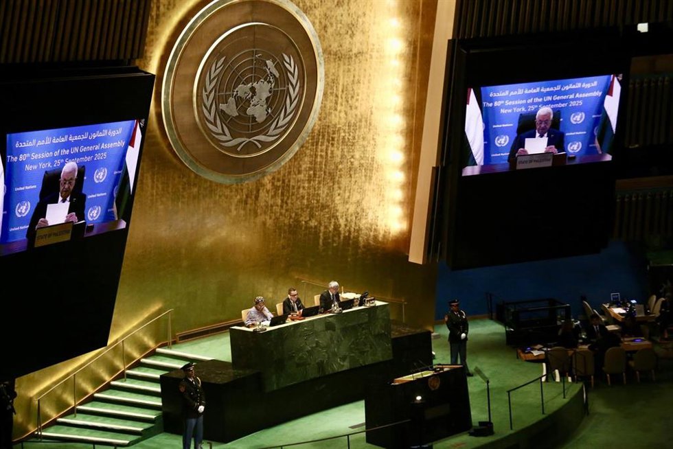 El presidente de la Autoridad Palestina, Mahmud Abbas, participa por videoconferencia en la 80 Asamblea General de la ONU.  