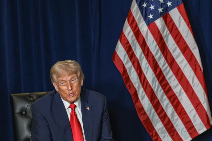 September 23, 2025, New York, New York, USA: U.S. President DONALD TRUMP speaks in front of the US Flag in a bilateral meet with the UN Secretary General during the first day of UNGA80, as the United Nations marks its 80th anniversary amid growing global 