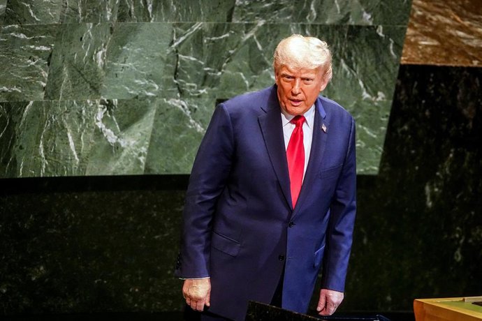 23 September 2025, US, New York: US President Donald Trump leaves after delivering his speech at the General Debate of the UN General Assembly. Over 140 heads of state and government are expected to attend the world's largest diplomatic event over several