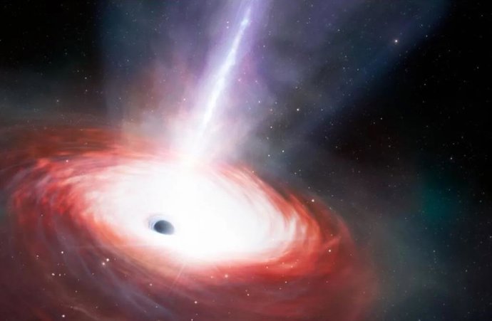 Impresión artística de un agujero negro que se alimenta rápidamente y emite potentes flujos de gas.