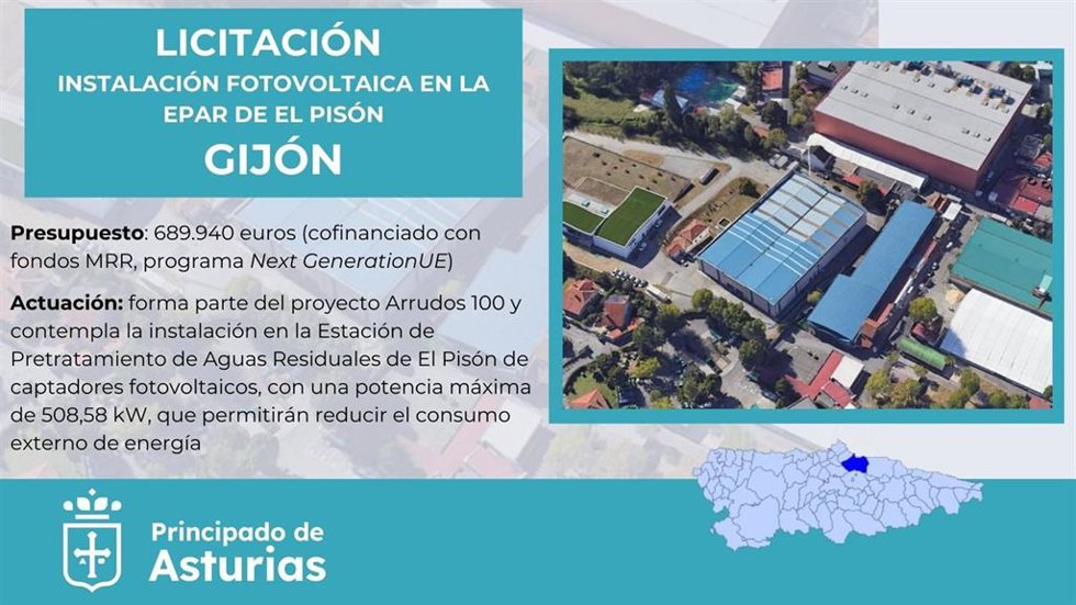 Licitación de las obras de instalación de energía fotovoltaica en la Estación de Pretratamiento de Aguas Residuales (EPAR) de El Pisón, en el concejo de Gijón.