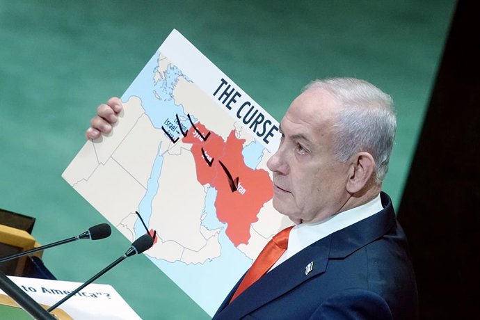 26 de setembro de 2025, EUA, Nova York: O primeiro-ministro de Israel, Benjamin Netanyahu, fala durante o debate geral da Assembleia Geral da ONU na sede da ONU em Nova York. Foto: Kay Nietfeld/dpa