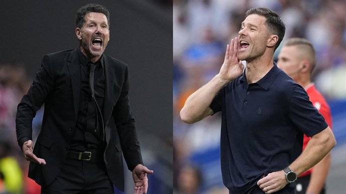 Diego Pablo Simeone (à esquerda), técnico do Atlético de Madri, e Xabi Alonso, técnico do Real Madrid.