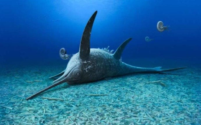 Una obra de arte encargada por Andrey Atuchin ilustra a Eurhinosaurus mistelgauensis en un campo de batalla belemnita.