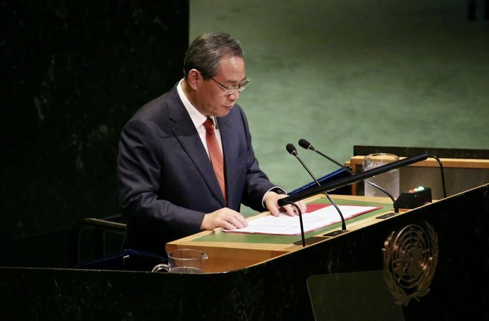 O primeiro-ministro chinês Li Qiang durante seu discurso na Assembleia Geral da ONU.