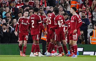 23 September 2025, United Kingdom, Liverpool: Liverpool's Alexander Isak (3rd L) celebrates scoring his side's first goal with teammates during the English Carabao Cup third round soccer match between Liverpool and Southampton at Anfield. Photo: Peter Byr