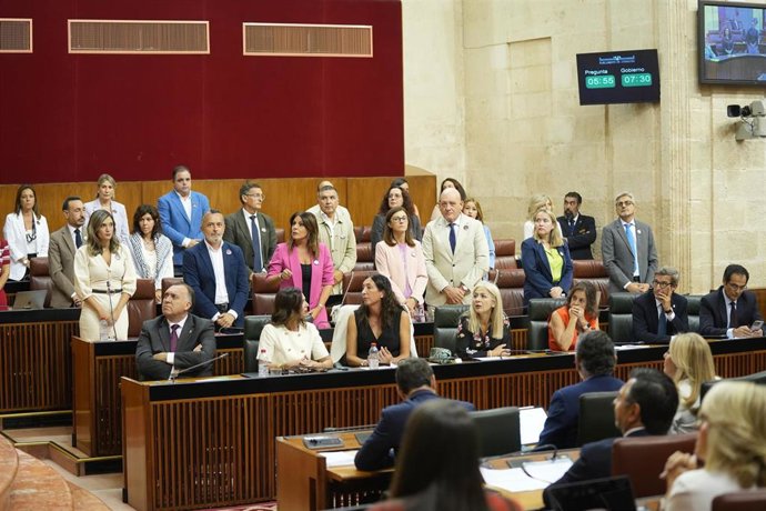 El grupo parlamentario del PSOE-A guarda un minuto de silencio durante la sesión de control en el pleno del Parlamento andaluz por el "genocidio" en Gaza. A 25 de septiembre de 2025 (Foto de archivo).