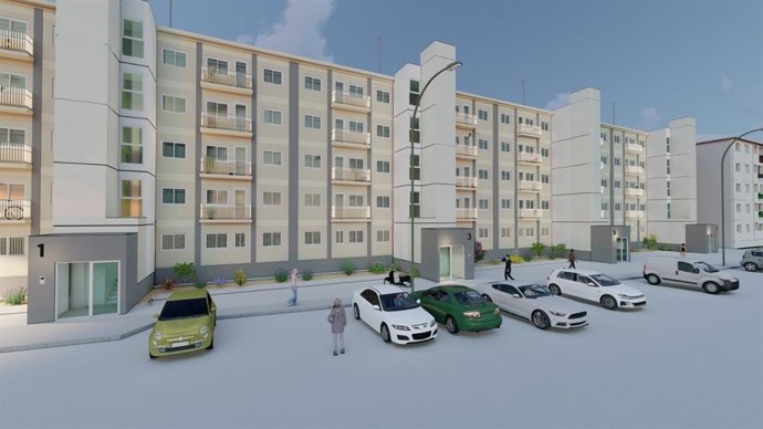 Recreación de cómo quedarán las zonas exteriores de las viviendas rehabilitadas en El Rabal con el proyecto InCube.