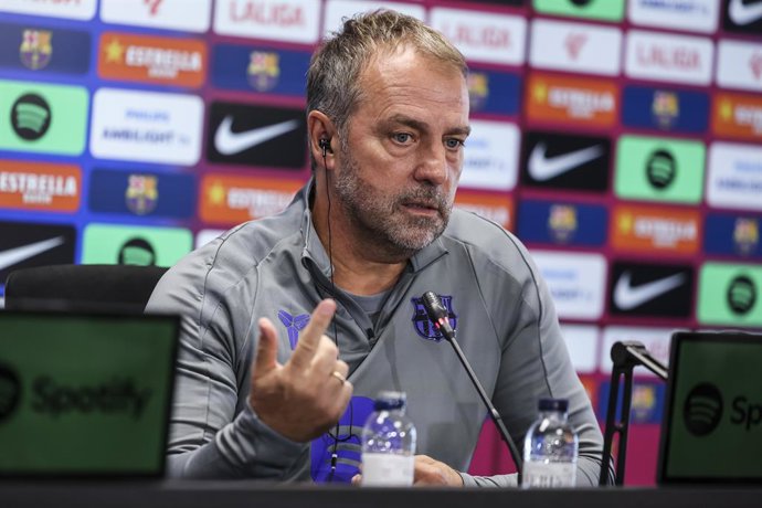 Hansi Flick, head coach of FC Barcelona, attends his press conference during the training day of FC Barcelona ahead the Spanish League, La Liga EA Sports, football match against Real Oviedo at Ciudad Esportiva Joan Gamper on September 24, 2025 in Sant Joa