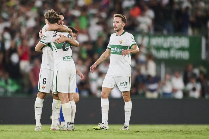Pedro Bigas of Elche CF celebrates victory after the Spanish League, LaLiga EA Sports, football match played between Elche CF and Real Oviedo at Estadio Manuel Martinez Valero on September 21, 2025 in Elche, Alicante, Spain.