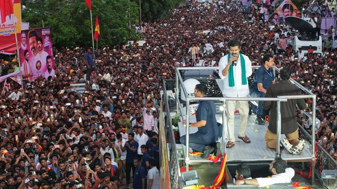 September 20, 2025, Nagapattinam & Tiruvarur, Tamil Nadu, INDIA: Renowned Tamil film actor Vijay, who recently launched his political party, began his second  election campaign today Nagapattinam & Tiruvarur in Tamil Nadu. Lakhs of people gathered to hear