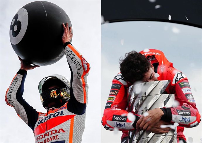 Marc Márquez celebrando sus títulos en 2019 y 2025