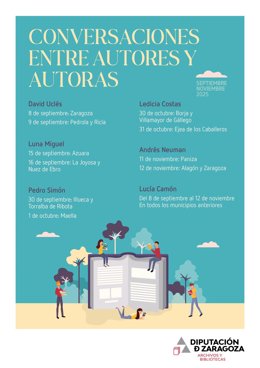 Cartel del ciclo de la DPZ 'Conversaciones entre autores y autoras' que esta semana llevará a Pedro Simón a Illueca, Torralba de Ribota y Maella.