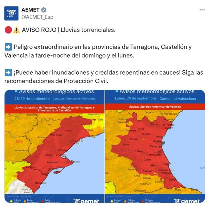 La Aemet activadel aviso rojo por lluvias torrenciales y peligro extraordinario en las provincias de Tarragona, Castellón y Valencia