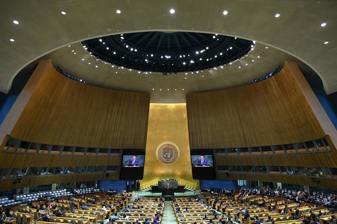 UNITED NATIONS, Sept. 28, 2025  -- Russian Foreign Minister Sergei Lavrov delivers a speech during the General Debate of the 80th session of the United Nations General Assembly (UNGA) at the UN headquarters in New York on Sept. 27, 2025.   Any aggression 