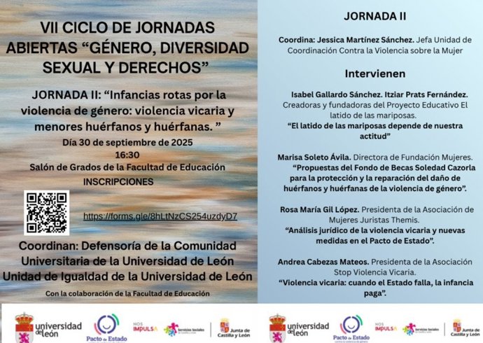 Programa de la jornada 'Infancias rotas por la violencia de género: violencia vicaria y menores huérfanos y huérfanas' de la ULE.