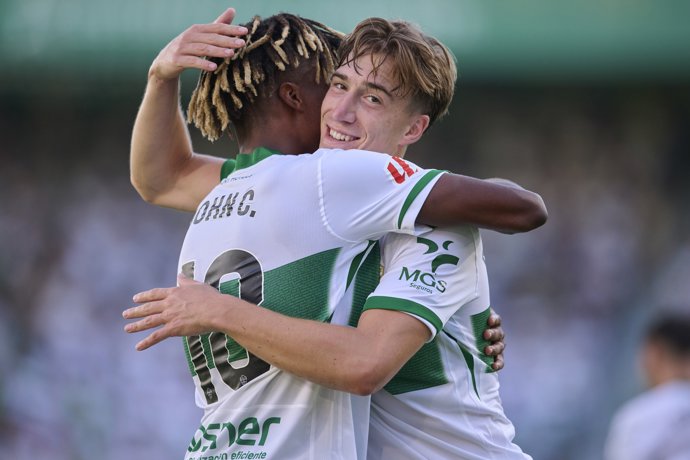 John Donald Chetauya of Elche CF celebrates after scoring his team's second goal during the Spanish League, LaLiga EA Sports, football match played between Elche CF and RC Celta de Vigo at Estadio Manuel Martinez Valero on September 28, 2025 in Elche, 