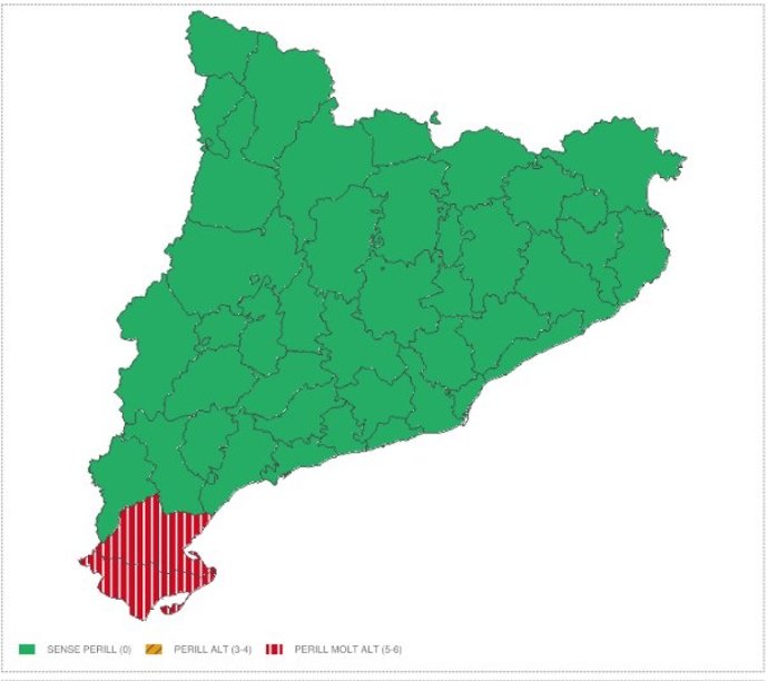 Mapa de les comarques afectades per l'alerta de temps violent
