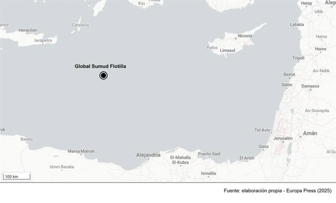 Localização da Flotilha Global de Sumud em 28 de setembro de 2025