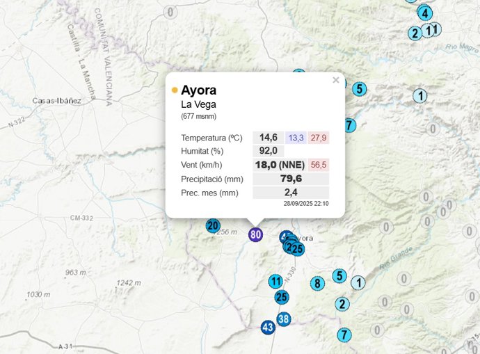 El temporal de lluvias que desde esta tarde-noche afecta a la Comunitat Valenciana ha descargado 80 l/m2 en aproximadamente una hora  en la localidad de Ayora, según informa la Associació Valenciana de Meteorologia (Avamet)