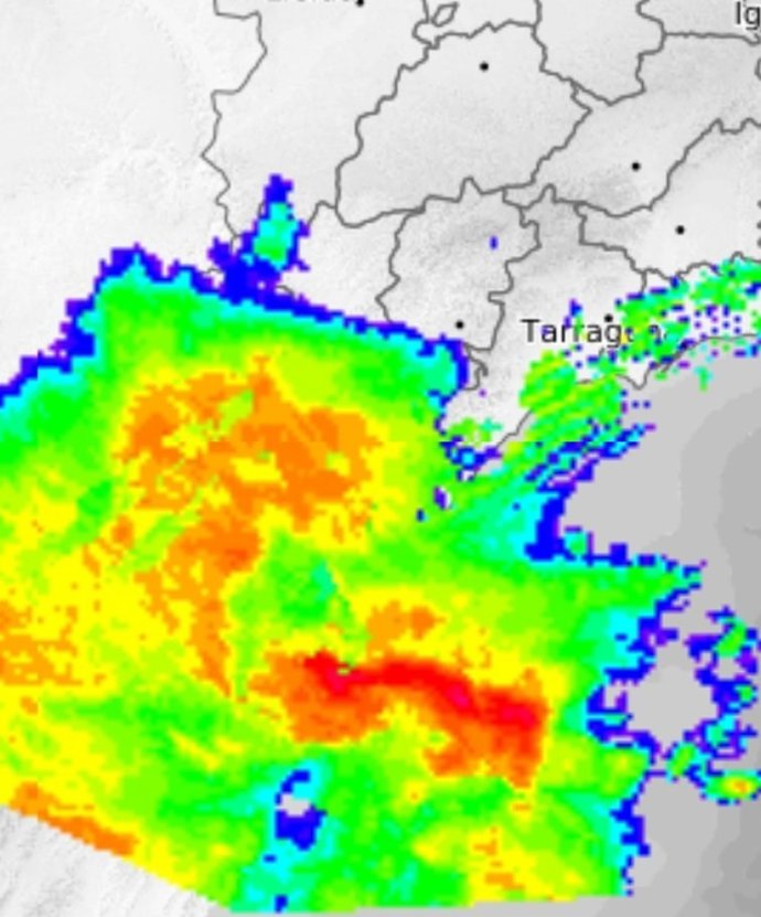 Radar de las lluvias en el sur de Catalunya este lunes por la mañana