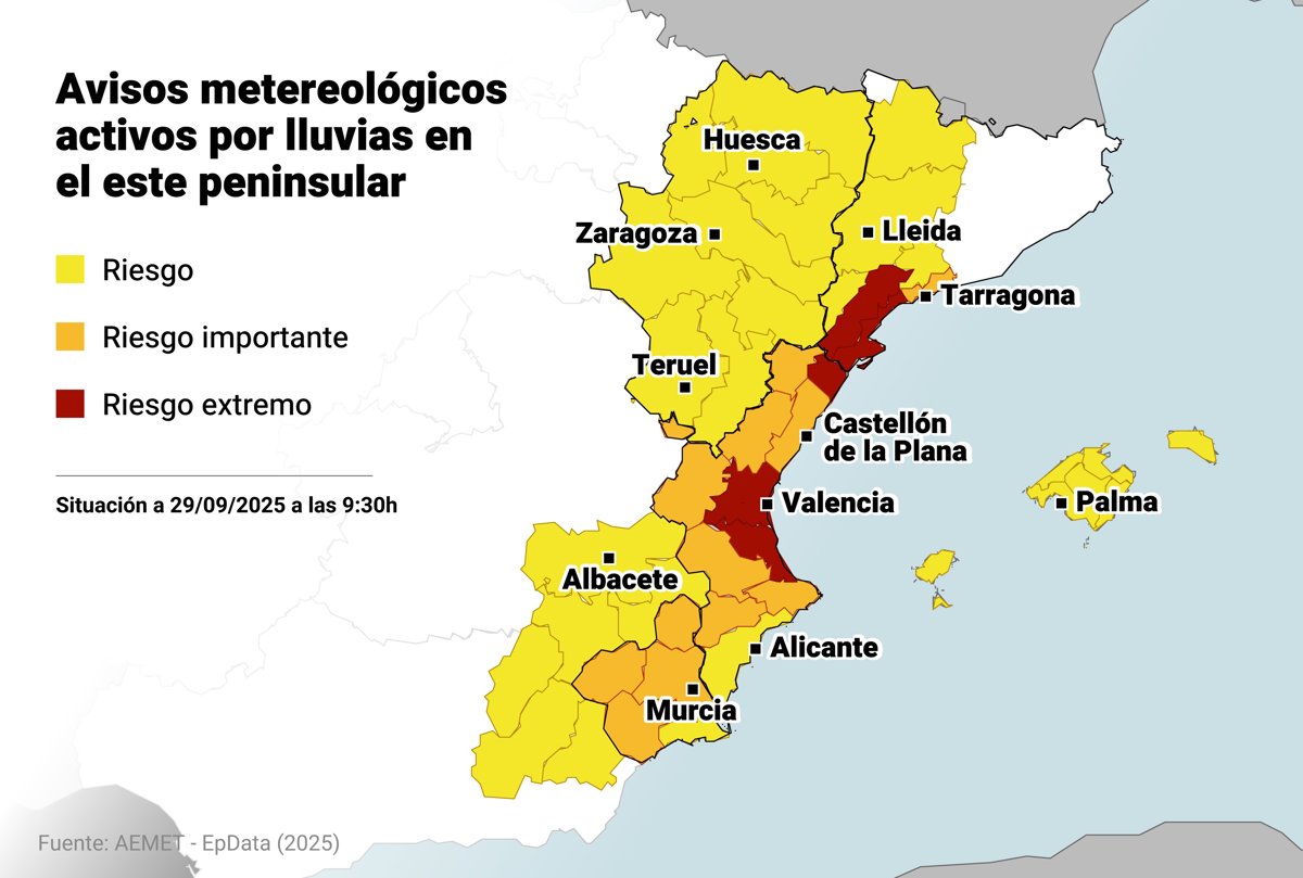 El litoral de Valencia, norte de Castellón y sur de Tarragona en riesgo extremo por lluvia de hasta 180 l/m2