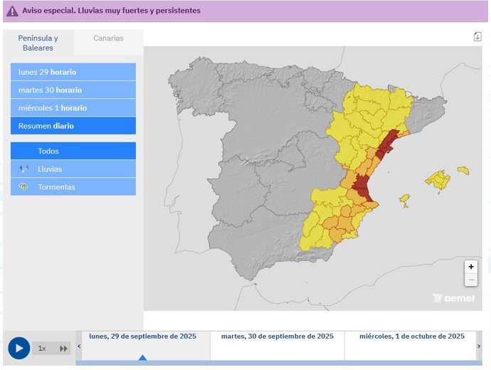 Avisos activos de la Aemet el lunes 29 de septiembre.