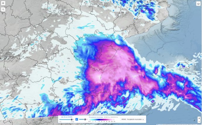 Acumulados de lluvia previstos en el área mediterránea hasta el martes