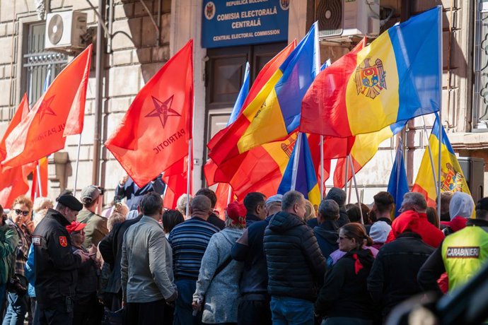 MOLDOVA, CHISINAU - SEPTEMBER 26, 2025: A protest rally takes place outside the Central Electoral Commission of Moldova