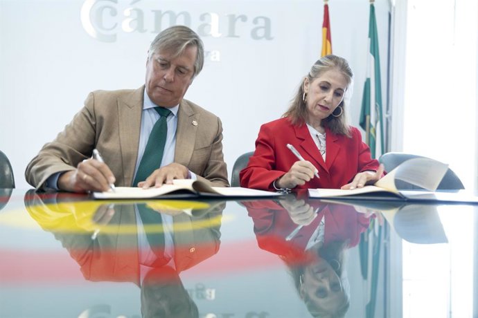 La concejala delegada de Educación y Fomento del Empleo, María Paz Flores, junto al presidente de la Cámara de Comercio de Málaga, José Carlos Escribano.