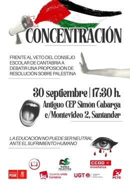Cartel de la concentración contra el "veto" del Consejo Escolar a debatir una proposición sobre Palestina.