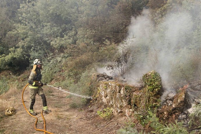 Efectivos de emergencias realizan labores de extinción del incendio de Pantón.