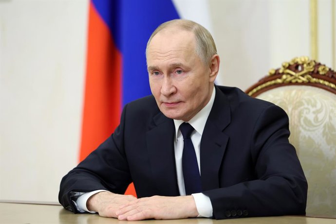 RÚSSIA, MOSCOU - 29 DE SETEMBRO DE 2025: O presidente da Rússia, Vladimir Putin, faz um discurso em vídeo para os participantes da etapa final da 5ª Olimpíada Internacional de Segurança Financeira