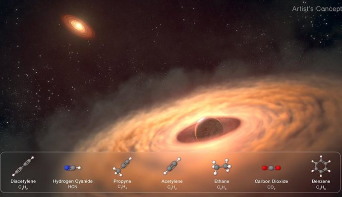 Una representación artística de un disco de polvo y gas que rodea al joven exoplaneta, CT Cha b, a 625 años luz de la Tierra.