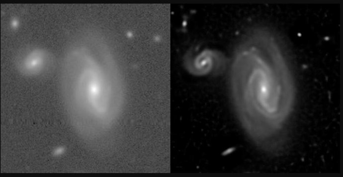 Comparación de una imagen de la Hyper Suprime-Cam, una cámara de campo ultra amplio montada en el telescopio Subaru (izquierda), con una imagen producida por el nuevo algoritmo ImageMM (derecha).
