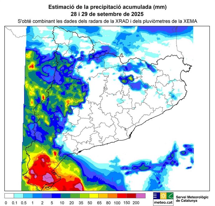 Precipitación acumulada en la zona del Ebre (Tarragona) entre el domingo y el lunes