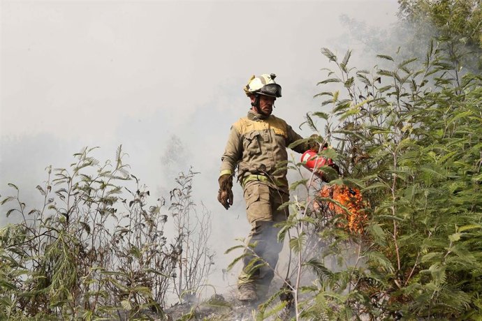 Efectivos de emergencias realizan labores de extinción del incendio de Pantón.