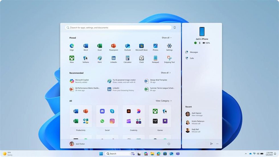 Archivo - Nuevo menú de Inicio de Windows 11.