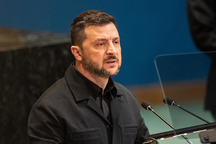 September 24, 2025, New York, New York, USA: President Volodymyr Zelenskyy of Ukraine speaks during 80th session of United Nations General Assembly at UN Headquarters in New York, NY on September 24, 2025