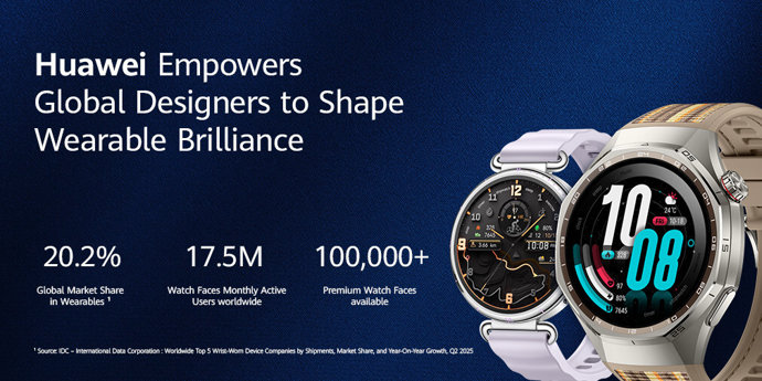 Huawei’s watch faces platform connects global designers to 17.5 million users, backed by a leading 20.2% wearable market share.