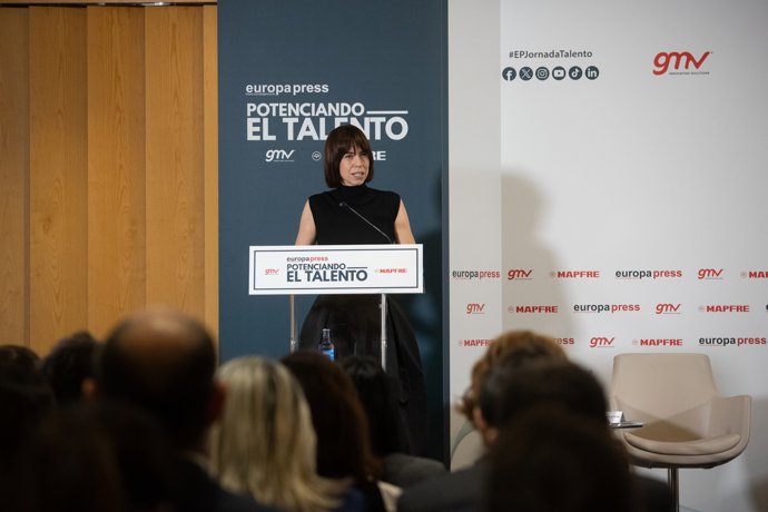 La ministra de Ciencia, Innovación y Universidades, Diana Morant, interviene durante la jornada 'Potenciando el talento', organizada por Europa Press, en el Hotel Hyatt Regency Hesperia, a 1 de octubre de 2025, en Madrid (España).