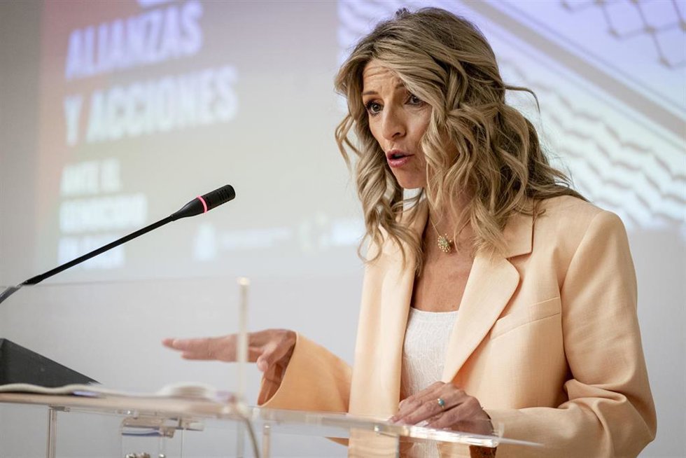 Archivo - La vicepresidenta segunda del Gobierno y ministra de Trabajo y Economía Social, Yolanda Díaz durante el acto Alianzas y acciones ante el genocidio en Palestina, en la Casa Árabe de Madrid, a 23 de julio de 2025, en Madrid (España).