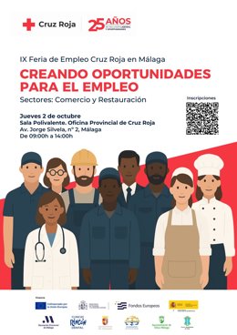Cartel de la novena Feria de Empleo de Cruz Roja que se celebra este miércoles, 2 de octubre, en la sede provincial de la organización en la capital, ubicada en la avenida Jorge Silvela, 2.