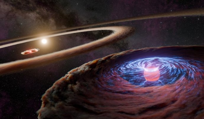 Este concepto artístico representa al protoplaneta WISPIT 2b acumulando materia mientras orbita alrededor de su estrella, WISPIT 2.