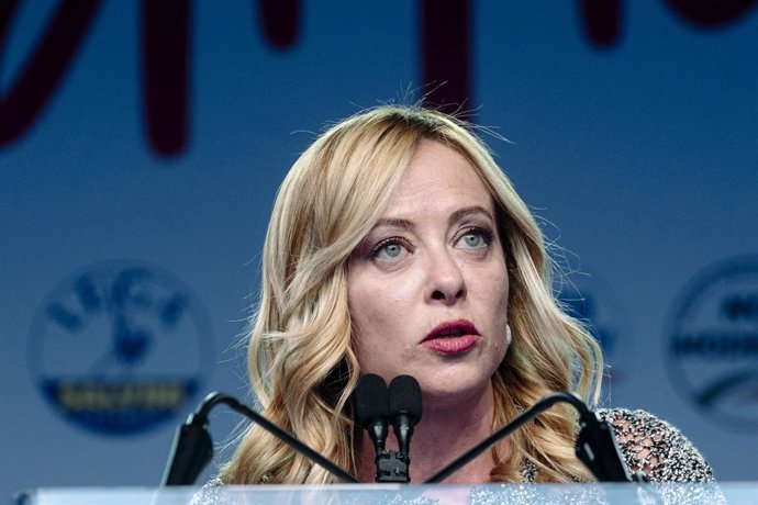 September 30, 2025, Lamezia Terme, Catanzaro, Italy: Italian Prime Minister Giorgia Meloni speaking at the electoral meeting.09/30/2025, Lamezia Terme (CZ). Prime Minister Giorgia Meloni (Fratelli d'Italia, FdI) and deputy prime ministers Antonio Tajani (