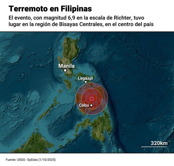Mapa con localización del suceso. Un seísmo de magnitud 6,9 en la escala Richter ha sacudido en la víspera la región de Bisayas Centrales, en el centro de Filipinas.